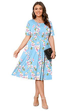 Load image into Gallery viewer, POSESHE Womens 2023 Plus Size Dresses for Women Hide Belly Short Sleeve Tshirt Dress,Light Blue Flower,2XL