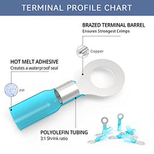 Load image into Gallery viewer, HKS 50 PCS Ring Terminals 1/4" Blue 16-14 AWG - M6 - Electrical Connectors - Heat Shrink Wire Connector Kit - Tinned Red Copper - Automotive Marine Ring Connectors - Waterproof and Insulated