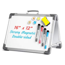 Load image into Gallery viewer, Magnetic Dry Erase White Board 16 inches x 12inches, Foldable Double Sided Portable Whiteboard, Includes Magnets & Eraser, 4 Magnetic Dry Erase Pens, Multicolored