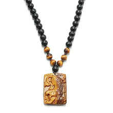 Load image into Gallery viewer, Natural Crystal Tigers Eye Necklace - Black Obsidian Beaded Protection Necklace, Hand Carved Tiger Necklace Lucky Amulet Gift for Men