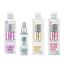 Load image into Gallery viewer, #LubeLife Staycation Combination, 2-in-1 Massage & Lubricant 8 Fl Oz, Climax Control Delay Spray 2 Fl Oz, Water-Based Lubricant 8 Fl Oz, Barely There Thin Silicone Lubricant 8 Fl Oz, For Men, Women, a