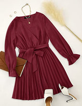 Load image into Gallery viewer, ZESICA Women's Sevy V Neck Long Sleeve Pleated A Line Wedding Cocktail Party Mini Dress with Belt,Wine,Small