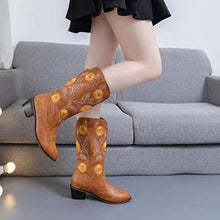 Load image into Gallery viewer, Padaleks Women's Wide Calf Knee High Pull On Fall & Winter Boots Low Heels Retro Pointed Toe Embroidered Short Bootie Work Boot