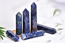 Load image into Gallery viewer, AMOYSTONE 1PC Large Blue Sodalite Wand Healing Crystal Hexagonal Stone Column Natural Irregular Crystal Wand 6 Points Blue Sodalite Tower for Home Decor 1.8-2.2 Lbs