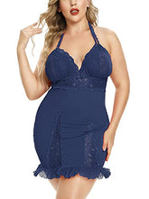 Load image into Gallery viewer, Women's Sexy Plus Size Lingerie Halter Cross straps Babydoll Lace Trim Chemise Sleepwear (Blue, X-Large)