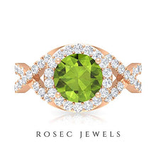 Load image into Gallery viewer, Spiral Shank Engagement Ring, D-VSSI 3 CT Moissanite, 8 MM Peridot Ring, Halo Gemstone Solitaire Ring, Classic Wedding Ring, Bridal Statement Ring, 14K Rose Gold, Size:US 12.5