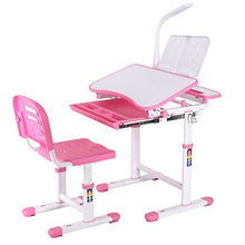 Load image into Gallery viewer, POTBY Kids Desk and Chair Set, Height Adjustable Children Study Table with Wood Tiltable Anti-Reflective Tabletop, Bookstand, Pull-Out Drawer Storage and Touch Led for School Students (Pink)