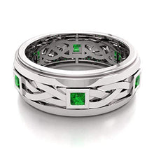 Load image into Gallery viewer, Diamondere Natural and Certified Princess Cut Emerald Wedding Band Ring in 18k White Gold | 0.59 Carat Celtic Knot Ring for Mens, US Size 9.75