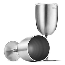 Load image into Gallery viewer, FineDine Premium Grade 18/8 Stainless Steel Wine Glasses 12 Oz. Double-Walled Insulated Unbreakable Goblets (Set of 2) Stemmed Wine Glass BPA-Free Leak Resistant Lid for Red White Wine, Brushed Metal