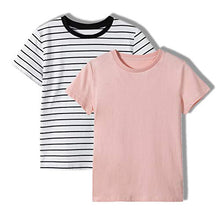Load image into Gallery viewer, UNACOO Unisex Kids 2 Packs 100% Cotton Short Sleeve Crewneck T-Shirt for Boys and Girls (Age 3-12 Years)(Pink+White Stripe,xs(3-4Y))