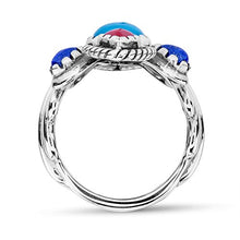 Load image into Gallery viewer, American West Sterling Silver Turquoise, Blue Lapis and Red Coral Gemstone Scalloped Bold Ring Size 5