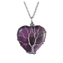 Load image into Gallery viewer, Top Plaza Natural Amethyst Healing Crystals Necklace Silver Tree of Life Wire Wrapped Heart Shape Stone Pendant for Womens Girls Ladies