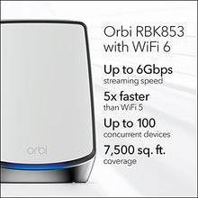 Load image into Gallery viewer, NETGEAR Orbi Whole Home Tri-band Mesh Wi-Fi 6 System (RBK853) – Router with 2 Satellite Extenders, Coverage Up to 7,500 Square Feet, 100 Devices, AX6000 (Up to 6Gbps)