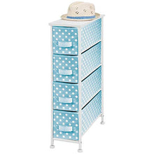 Load image into Gallery viewer, mDesign Narrow Vertical Dresser Drawers - Sturdy Steel Frame, Wood Top, 4 Easy Pull Fabric Bins - Organizer Unit for Child/Kids Room or Nursery - Polka Dot Pattern - Turquoise Blue with White Dots