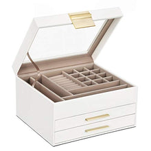 Load image into Gallery viewer, SONGMICS Jewelry Box with Glass Lid, 3-Layer Jewelry Organizer with 2 Drawers, for Loved Ones, White UJBC239WT