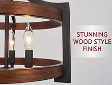 Load image into Gallery viewer, Kira Home Woodrow 15" 3-Light Industrial Farmhouse Semi Flush Convertible Pendant Light + Wood Style Metal Drum Shade, Textured Black + Walnut Style Finish
