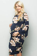 Load image into Gallery viewer, My Bump Women's Maternity Dress - Printed Fitted Stretch Bell Sleeve W/Ruched, Navy SKAC Medium