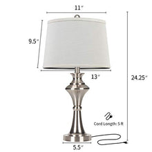 Load image into Gallery viewer, Oneach Modern USB Table Lamps Set of 2 for Living Room Bedroom Brushed Nickel Bedside Nightstand Lamps with Fabric Lampshade