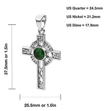 Load image into Gallery viewer, US Jewels Men's 925 Sterling Silver 37.5mm Simulated Emerald Irish Celtic Cross Pendant 4mm Curb Chain Necklace, 26in