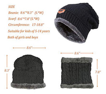 Load image into Gallery viewer, XYIYI Kids Winter Knit Hat and Scarf Set, 2Pcs Warm Fleece Lining Beanie Cap and Scarf for 5-14 Year Old Boys Girls (Black)