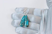 Load image into Gallery viewer, Sterling Silver Blue Turquoise Earrings Long Coppery Mosaic Veining Dangle Narrow Teardrops Smooth Drops