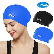 Load image into Gallery viewer, aegend No Leaking Swim Goggles, with 2 Pack Long Hair Swim Caps (Black + Blue)