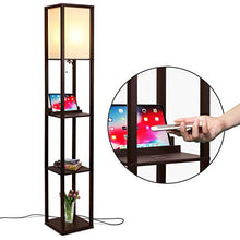 Load image into Gallery viewer, Brightech Maxwell Shelf Floor Lamp w. Wireless Charging Station, USB Port & Outlet - Column Lighting For Bedrooms, Offices & Living Rooms - Contemporary Skinny Nightstand & Tower Light - Brown