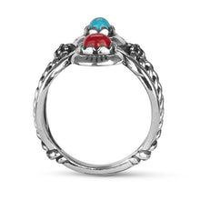 Load image into Gallery viewer, American West Sterling Silver Red Coral and Blue Turquoise Gemstone Twisted Rope & Zigzag Motif Ring Size 07