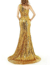 Load image into Gallery viewer, OYISHA Women's Sexy Sequin Mermaid Prom Dresses Long One Shoulder Evening Party Ball GownsBlack 14