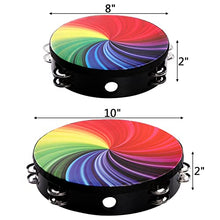 Load image into Gallery viewer, Coloch 2 Pack Wood Radiant Tambourine with Double Row Jingles, Hand Held Drum Reflective Tambourine Percussion Musical Instrument for Kid& Adult, Party, KTV, Church, Music Show, 8 and 10 Inch