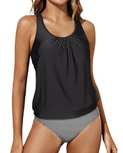 Load image into Gallery viewer, Yonique Women Two Piece Swimsuit Tummy Control Tankini Bathing Suits Racerback Tank Tops with Bottoms Blouson Swimwear Black S