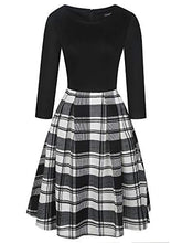 Load image into Gallery viewer, oxiuly Women's Vintage Patchwork Pockets Puffy Swing Casual Party Dress OX165 (Black Khaki, s)