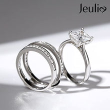 Load image into Gallery viewer, Jeulia 4.37 Carat Engraved Pricess Cut Cubic Zirconia Engagement Ring Diamond Wedding Bands for Women CZ Solitaire Sterling Silver Anniversary Bridal Promise Rings Set (8)