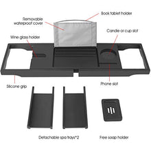 Load image into Gallery viewer, Bamboo Bathtub Caddy Tray Expandable for Luxury Bath,Bath Accessories & Table with Wine Glass Holder,Book Stand Bathroom Organizer with Extending Sides for Men/Women,Free Soap Holder (Black)