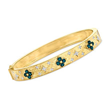 Load image into Gallery viewer, Ross-Simons 0.80 ct. t.w. London Blue Topaz Floral Bangle Bracelet With .10 ct. t.w. Diamonds in 18kt Gold Over Sterling. 8 inches