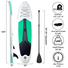 Load image into Gallery viewer, Wesky Inflatable Stand Up Paddle Board 10’6”x30”x6” Premium SUP with Non Slip Deck, Leash, Adj Paddle, Hand Pump, Bag, Repaire Kit, Bottom Fins, Standing Boat for Surfing Adult Youth (Green)