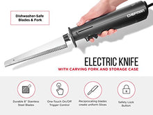 Load image into Gallery viewer, Chefman Electric Knife with Bonus Carving Fork & Space Saving Storage Case Included One Touch, Durable 8 Inch Stainless Steel Blades, Rubberized Black Handle, BPA Free, 120 Volts and Watts