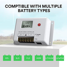Load image into Gallery viewer, Solar Charge Controller 10A, Bateria Power 12V/24V PWM Solar Controller with LCD Display Dual USB Multiple Load Control Modes for AGM, Gel, Flooded and Lithium Battery, Used in RVs, Boats, Yachts