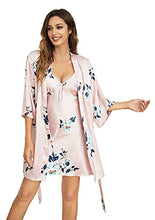 Load image into Gallery viewer, JOEY MACON Silky Robe Chemise Slip Pajamas 2pcs Sets Floral Pattern Nightgown removable pad pockets (Pink, S)