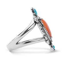 Load image into Gallery viewer, American West Sterling Silver Orange Spiny Oyster and Turquoise Gemstone Heart Ring Size 9