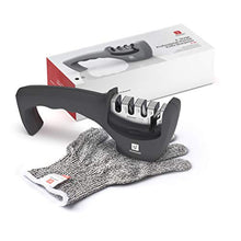 Load image into Gallery viewer, Amesser Handheld Professional Knife Sharpener - 4 Stage sharpeners with Anti·Slip Mat, Quickly Sharpening and Honing Non·Serrated Blades, Suitable for Scissors, Cut Resistant Glove Included (Black)