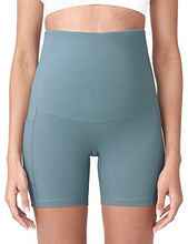 Load image into Gallery viewer, POSHDIVAH Women's Maternity Yoga Shorts Over The Belly Bump Summer Workout Running Active Short Pants with Pockets Light Green 5" X-Small