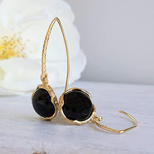 Load image into Gallery viewer, 14k Gold Plated 925 Sterling Silver Natural Onyx Dangle Earrings For Women; Vintage Style Onyx Jewelry for Women; Dangling Dark Black Stone Earrings; Black Gemstone Handmade Jewelry
