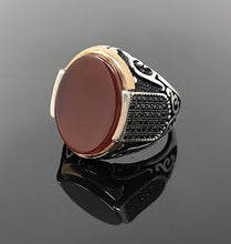 Load image into Gallery viewer, KAR New 925K Sterling Silver Red Agate (Aqeeq) Stone Men's Ring w/Zircon Stone K61U (8.75)