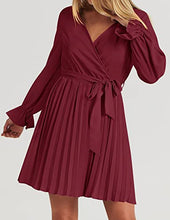 Load image into Gallery viewer, ZESICA Women's Sevy V Neck Long Sleeve Pleated A Line Wedding Cocktail Party Mini Dress with Belt,Wine,Small