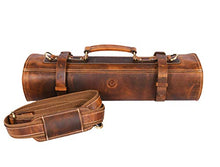 Load image into Gallery viewer, Leather Knife Roll Storage Bag | Elastic and Expandable 10 Pockets | 6 Leather Pocket | Adjustable/Detachable Shoulder Strap | Travel-Friendly Chef Knife Case Roll By Aaron Leather (Caramel, Leather)