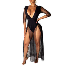 Load image into Gallery viewer, acelyn Women's Sexy Bodysuit Dress - Half Sleeve Deep V Neck Sheer Mesh High Slit Maxi Dresses Clubwear Black Medium