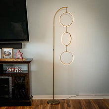 Load image into Gallery viewer, Brightech Nova Modern Floor Lamp - Contemporary Arc Tall Lamp with 3-Circle Ring-Style Pendant - Over The Couch Standing Lamp on Arching Pole - Eclectic Tall Lamp Matches Living Room Décor - Gold