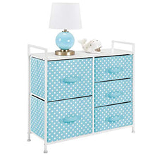 Load image into Gallery viewer, mDesign Wide Dresser 5 Drawers Storage Furniture - Wood Top, Easy Pull Fabric Bins - Organizer for Child/Kids Room or Nursery - Polka Dot Pattern, 32.6" W - Turquoise Blue with White Dots