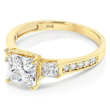 Load image into Gallery viewer, Ioka - 1.5 Ct. Cubic Zirconia CZ 3 Stone Princess Cut Engagement Ring Solid 14K Yellow Gold With Stones in Band - Size 5 - Size 5
